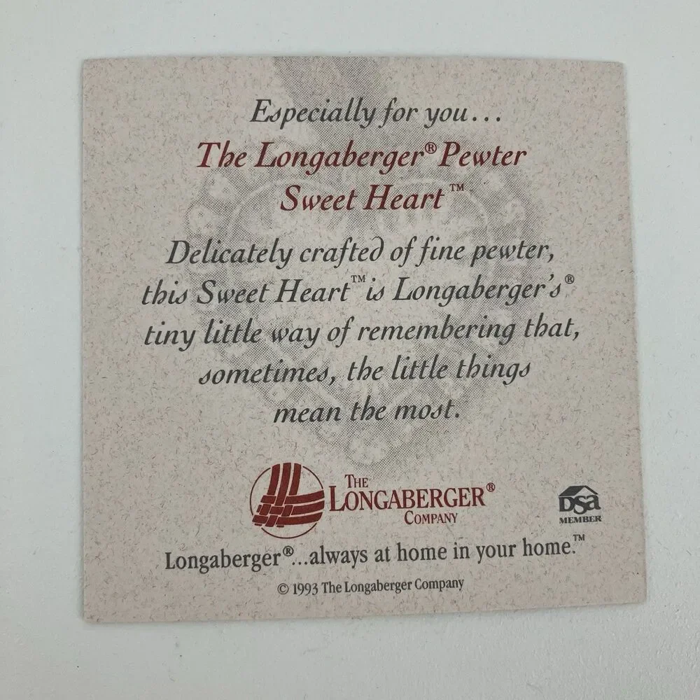 Longaberger Pewter Sweet Heart Basket Tie On | /w Box 1.5